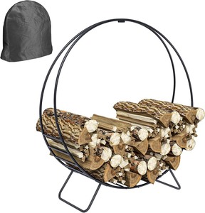 lot 2302 image: Outsunny 40 Inch Firewood Rack Outdoor Indoor with Zipper Cover, Waterproof Firewood Holder, Heavy Duty Log Holder, Wood Storage Hoop for Fireplace, Firepit, Black