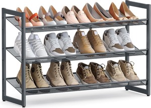 lot 2304 image: SONGMICS Shoe Rack, 3-Tier Shoe Organizer, Metal Shoe Storage for Garage, Stackable Shoe Shelf, with Adjustable Flat or Angled Shelves, 9-12 Pairs, Charcoal Gray ULMR03GB
