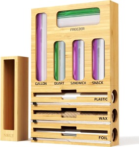 lot 2312 image: 9 IN 1 Bamboo Foil and Plastic Wrap Organizer for Kitchen Drawer, Plastic Bag Organizer Organization and Storage, Food Storage Bag Organizer with Labels for Quart Gallon Snack Sandwich Bag