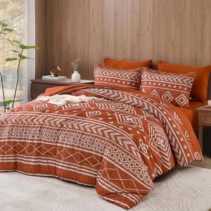 lot 2325 image: Burnt Orange Comforter Set Queen Size, 7 Piece Terracotta Fall Boho Bedding Set, Geometric Bed in a Bag Queen, Soft Microfiber Bohemian Striped Complete Bedding Set with Sheets for All Season