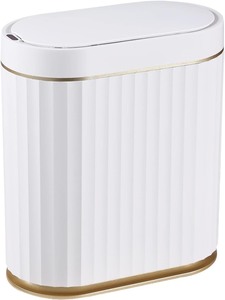 lot 2331 image: Automatic Motion Sensor Trash Can - 2 Gallon Slimline for Bathroom, Bedroom, Kitchen, Office - White with Gold Trim