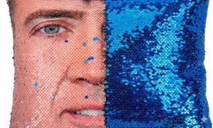 lot 22500 image: Reversible Blue Sequin Pillow Cover with Faux Suede Back, Change with Just the Swipe of Your Hand (Blue Sequins or Nicholas Cage) (Size 16 x 16)