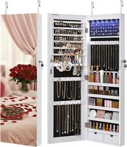 lot 2252 image: SONGMICS Hanging Jewelry Cabinet, Wall-Mounted Cabinet with LED Interior Lights, Door-Mounted Jewelry Organizer, Full-Length Mirror, Gift Idea, White UJJC99WT