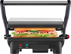 lot 2253 image: Chefman Electric Panini Press Grill, Compact 2-Slice Sandwich Maker, Non-Stick Coated Plates, Opens 180 Degrees, Dishwasher Safe, Removable Drip Tray, Stainless SteelBlack