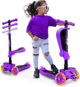 lot 2258 image: Hurtle 3-Wheeled Scooter for Kids - Wheel LED Lights, Adjustable Lean-to-Steer Handlebar, and Foldable Seat - Sit or Stand Ride with Brake for Boys and Girls Ages 1-14 Years Old