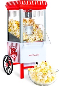 lot 2261 image: Nostalgia Vintage Hot-Air Popcorn Maker Machine - Makes Up to 12 Cups - Oil-Free - Healthier Popcorn - Classic Stand-Up Cart With Wheels - Includes Kernel Measuring Cup - White & Red