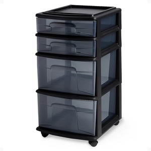 lot 2262 image: HOMZ Drawer Tower, 4-Tier Clear Plastic Storage Organizer Cart, Black Frame - Rolling Drawer Containers with Wheels for Bathroom, Bedroom, Office, and Classroom Organization