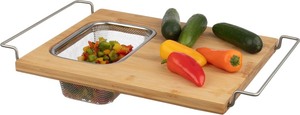 lot 2275 image: Cutting Board with Strainer - 2 in 1 Adjustable Bamboo Chopping Board with Removable Stainless Steel Colander for Over the Sink by Classic Cuisine
