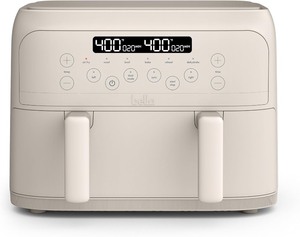 lot 2276 image: bella 4 Qt TriZone Air Fryer, EverGood Ceramic Nonstick Coating, Dual Basket Design w Removable Divider, Digital Touchscreen Control w 6 Preset Cooking Options, 1200 Watt, 3lb Capacity, Oatmilk