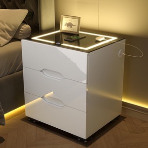 White Smart Nightstand with Wireless Charging Station & Adjustable LED Lights, High Gloss End Table with 3 Drawers & USB Charging, Bedside Table Organizer for Bedroom Use