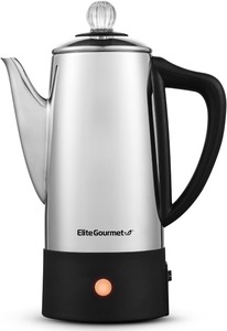 lot 2282 image: Elite Gourmet EC140 Electric 6-Cup Coffee Percolator with Keep Warm, Clear Brew Progress Knob Cool-Touch Handle Cord-less Serve, Stainless Steel