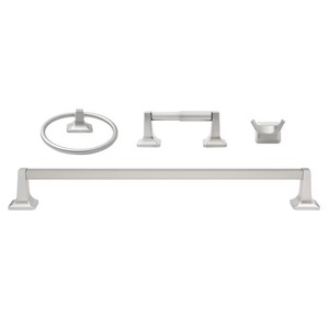 lot 2285 image:  Retail $56.99 Project Source 4 -Piece Seton Brushed Nickel Decorative Bathroom Hardware Set Towel Bar, Toilet Paper Holder, Towel Ring ,Robe Hook Included