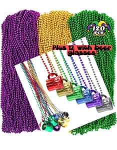 lot 2290 image: 120PCS Mardi Gras Beads With 12 With Beer Mugs , 33 Beaded Necklace, Purple Gold Green Mardi Gras Accessories, Party Costume Necklaces Parade Throws Women Men Beads Bulk for Party Event Favors Supplies Decorations