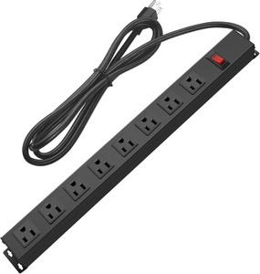 lot 2308 image: Metal 8 Outlet Mountable Power Strip, Wall Mount Outlet Heavy Duty, Wide Spaced Commercial Shop Power Strip with Switch, 15A 125V 1875W, 6 FT SJT 14AWG Power Cord.(Black)