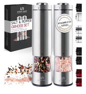 Electric Salt and Pepper Grinder Set - Battery Operated Stainless Steel Mill with Light (2 Mills) - Automatic One Handed Operation - Retail: $38