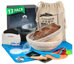 Bread Baking Kit- 13 Pcs- A Great Gift: Banneton Bread Proofing Basket (Round 9\" + Oval 10\"), 2 Liners, Lame, Bench and Dough Scrapers, Stencils, Silicone Baking Mat, Bread Bag, Pastry - Retail: $59