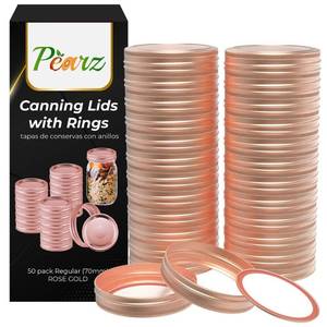 lot 989 image: 100 pcs (50 pcs Canning Lids  50 pcs Rings) Wide Mouth Canning Lids and Rings  Bulk Canning Lids wide Mouth Mason Jar Lids, Split-Type Lids Leak Proof Secure (Rose Gold) - Retail $45