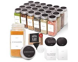 lot 1246 image: Glass Spice Jars with Labels with Metal Lids and Shakers Minimalist 24 Pack Set, 4oz Small Clear Empty Spice Bottles Seasoning Containers  - Retail $39
