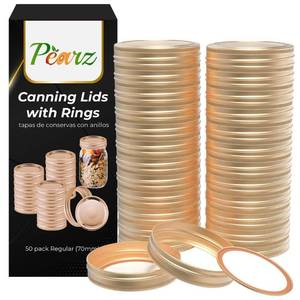 lot 1251 image: 200 pcs (100 pcs Canning Lids  100 pcs Rings) Regular Mouth Canning Lids, SplitType Lids for Mason Jar Canning Lids Regular Mouth Bulk, Split-Type Lids Leak Proof Secure (100 pc - Regular 70mm, Gold) - Retail $46