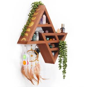 lot 1260 image: FM Triangle Shelf with Hooks - Rustic Moon Shelf for Crystals- Crystal Display Shelf - Jewelry Hanger Key Holder - Aesthetic Boho Moon Decor - Farmhouse Wall Decor (Small, Brown) - Retail $37
