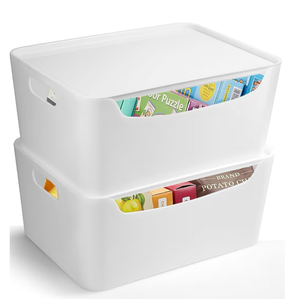 lot 1279 image: White Small Storage Bins with Lids 2 Pack for Organization for Pantry Bathroom Shelves Closet Cabinets - Retail $30