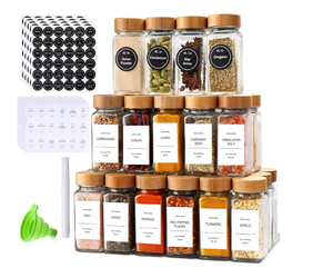 lot 1286 image: Spice Jars with Label 24Pcs,Seasoning Containers,Glass Spice Jars with Bamboo Lids,Kitchen Essentials,Spices Container Set,Kitchen Set,Seasoning Organizer,Spice Rack Organizer for Cabinet - Retail $35