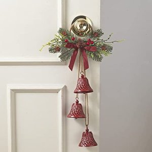 lot 2075 image: Gerson Christmas Bell Door Hanger Ornament Decoration with Artificial Pine and Red Holly Berries  17 Inches - Retail $20