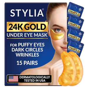 lot 2076 image: Stylia Under Eye Patches for Puffy Eyes and Dark Circles (12 Pairs) - 24k Gold Under Eye Mask with Vitamin C, Hyaluronic Acid, Pearl Extract - Retail $16