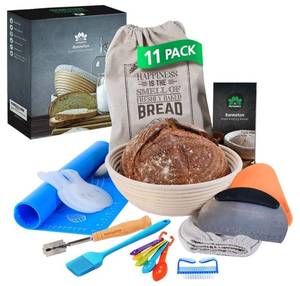 lot 5005 image: Bread Baking Kit- 11 Pcs- A Great Gift Banneton Bread Proofing Basket Oval 10, 1 Liners, Lame, Bench and Dough Scrapers, Stencils, Silicone Baking Mat, Bread Bag, Pastry - Retail $49