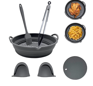 lot 5013 image: Air Fryer Silicone Liners - Air Fryer Basket Liner -Air Fryer Baking Pan - Airfryer Liners Reusable Air Fryer Tray Liners -6 Accessories Silicone Liners Mittens Pot Holder Oil Brush Food Tong 3-5QT. Gray And Orange  - Retail $22