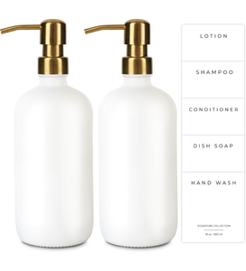 lot 5023 image: Soap Dispenser, Dish Bottle Dispenser for Kitchen, Farmhouse Hand Soap Dispenser, Kitchen Set, Glass Bottles with Pump and Labels and Tray - Retail $24