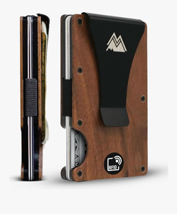 lot 5030 image: Mountain Voyage Co Minimalist Wallet for Men - Slim RFID, Scratch Resistant, Natural Walnut Wood Credit Card Holder & Money Clip, Easily Removable Money & Cards, Mens Wallets - Retail $38