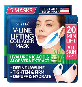 lot 5328 image: Stylia V Line Lifting Collagen Mask - Lift, Firm & Contour Jawline - Tightening Double Chin Strap with Hyaluronic Acid & Aloe - Neck Tightening and Lifting Mask - Jawline Shaper Face Lift Tape (5PC) - Retail $24