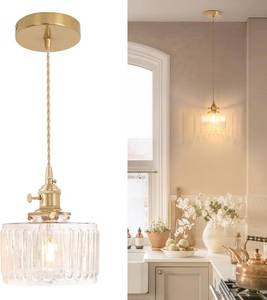 lot 2804 image: Pendant Light with Clear Striped Glass Lampshade, Brass Vintage Pendant Light Adjustable Hanging Light for Kitchen Island Dining Room Hallway