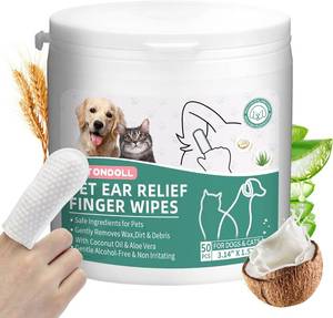 lot 2810 image: Dog Ear Cleaner Finger Wipes - Grooming Kit Care for Dogs and Cats Regular Soothing Odor Control Reduce Dirt Wax Build Up Pet Supplies Easy to Use Fresh Coconut Scent 50 Pcs