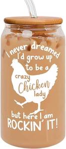 lot 2814 image: Chicken Themed Gifts - Chicken Lovers Gift, Chicken Lady, Mom Gift Ideas for Women - Farm Animal Present Ideas - 16 Oz Glass with Bamboo Lid, Glass Straw & Brush