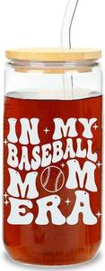 lot 2829 image: In My Baseball Mom Era 16oz Glass Cup with Straw and Bamboo Lid