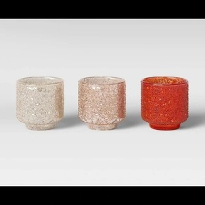 lot 2827 image: 3 PCS Votive Candle Holder Set, Shimmering, Shattered Glass Textured Look Candle Holders, (Silver, Red, Silver)
