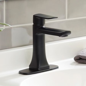 lot 3654 image: allen  roth Dunmore Matte Black Single hole 1-handle WaterSense High-arc Residential Handle Bathroom Sink Faucet with Drain with Deck Plate