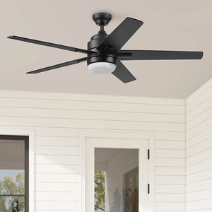 lot 3656 image: Harbor Breeze Flanagan III 52-in Matte Black with BlackDriftwood Blades Adjustable White LED Covered Outdoor Ceiling Fan With Light and Remote Control Included 5 -Blade