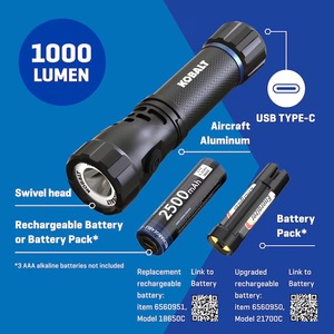 lot 3682 image: Kobalt 1000-Lumen 4 -Adjustable Mode LED Rechargeable Spotlight Flashlight