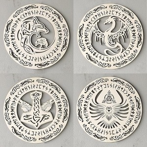 lot 9140 image: 4-Piece Sacred Viking Symbols Mythology Wood Wall Art Set