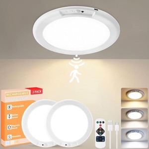 lot 2332 image: Rechargeable Ceiling Light 2Pack, 3 Color Motion Sensor Lights with Remote, Wireless Closet Light Battery Operated, Magnetic Dimmable LED Lights for Shower Pantry Shed Hallway Porch Garage Stairs