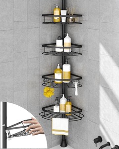 lot 2365 image: Corner Shower Caddy Tension Pole, Rustproof Bathroom Shower Organizer Corner, 4-Tier Adjustable Bathroom Shelf, Solid Rack Ideal for Bathtub Storage, 34 to 116 Inch Height, Black
