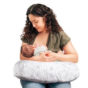 lot 2366 image: Nursing Pillow - Firm, Ergonomic U-Shaped Bottle and Breastfeeding Pillow with High Lift for Comfort and Support, Spacious Surface - Gray Gentle Leaves