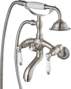 lot 2376 image: Brushed Nickel Clawfoot Tub Faucet Wall Mount with Hand Held Shower Sprayer Bathtub Faucet Set Double Level Handle 6 Inch Center with Adapter Adjustable Swing Arms