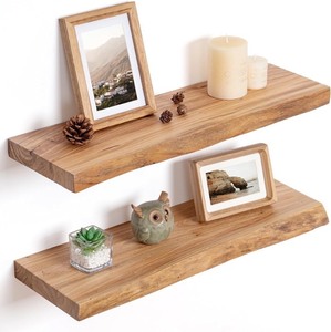 lot 2387 image: Floating Shelves for Wall Decor, Rustic Solid Elm Wood Live Edge Floating Shelves Wall Mounted, Wall Shelves with Invisible Bracket for Living Room Bathroom Bedroom Kitchen, 24 Inch Set of 2, Natural
