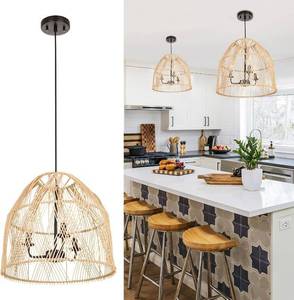 lot 66852 image: Farmhouse Rattan Pendant Light Fixture, 16 Inch Large Boho Handwoven Hanging Ceiling Mount Lamp Shade, 3-Light Rustic Wicker Chandelier for Kitchen Dining Living Room Bedroom Hallway Foyer
