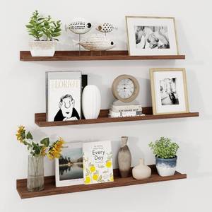 lot 66860 image: Set of 3 Walnut Picture Ledge Shelves (36 Inch) - U-Shaped Floating Wall Mount for Photos, Vinyl Records & Decor - Modern Display Ledge