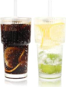 lot 9287 image: 20oz Ribbed Glass Iced Coffee Tumbler with Lid & Straw